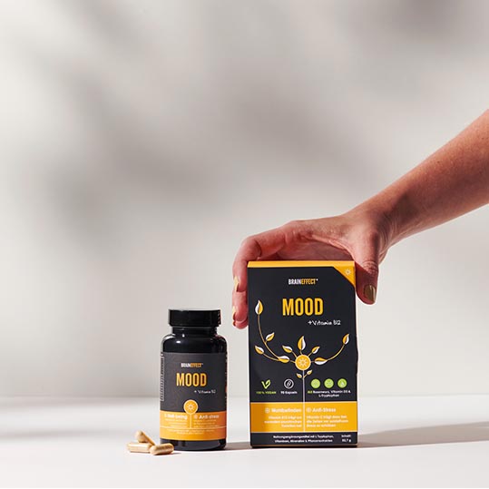 MOOD Kapseln Produkt Braineffect mit Hand